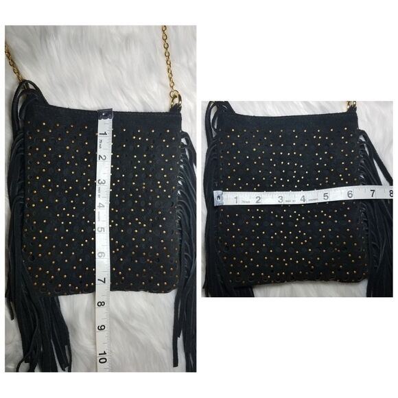 EUC|Boho Black Suede Leather Gold Studded Fringe Bag - Picture 5 of 6